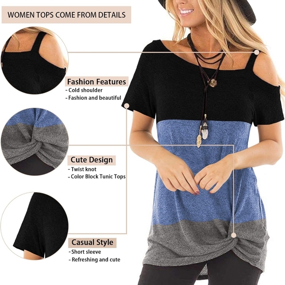 TEMOFON Cold Shoulder Top Short Sleeve Twist Knot Tunic Blouse - Picture 3 of 7